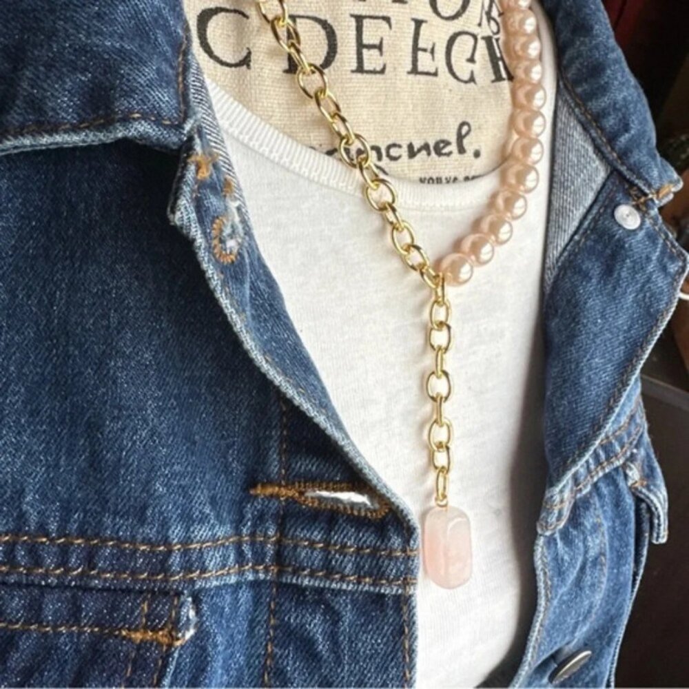 LARIAT + PINK QUARTZ  + PEARLS CHOKER NECKLACE - Picture 2 of 2
